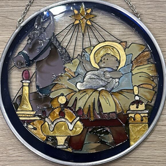 Joan Baker Nativity Scene Jesus Suncatcher Window Art Hand Painted Glass 1994 - Picture 2 of 4